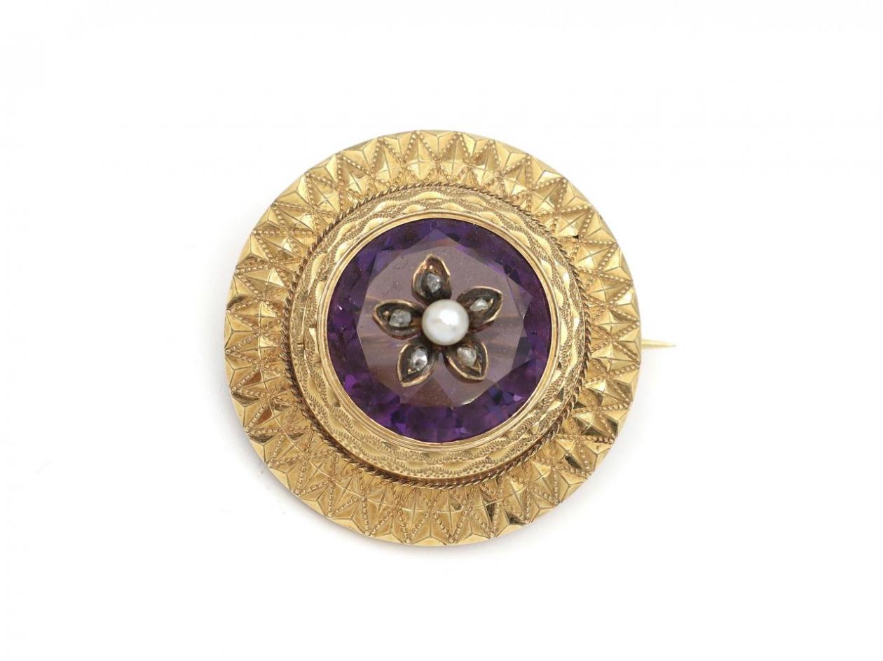 Antique French Pearl Diamond & Amethyst Circular Brooch