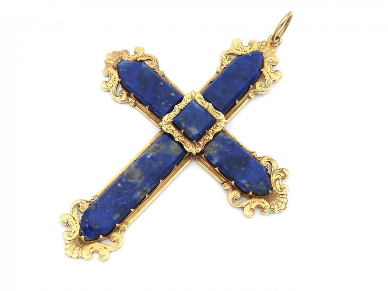 Antique yellow gold and lapis lazuli cross in Rococo style
