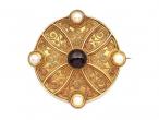 Etruscan Revival Garnet & Pearl Locket Brooch in Yellow Gold