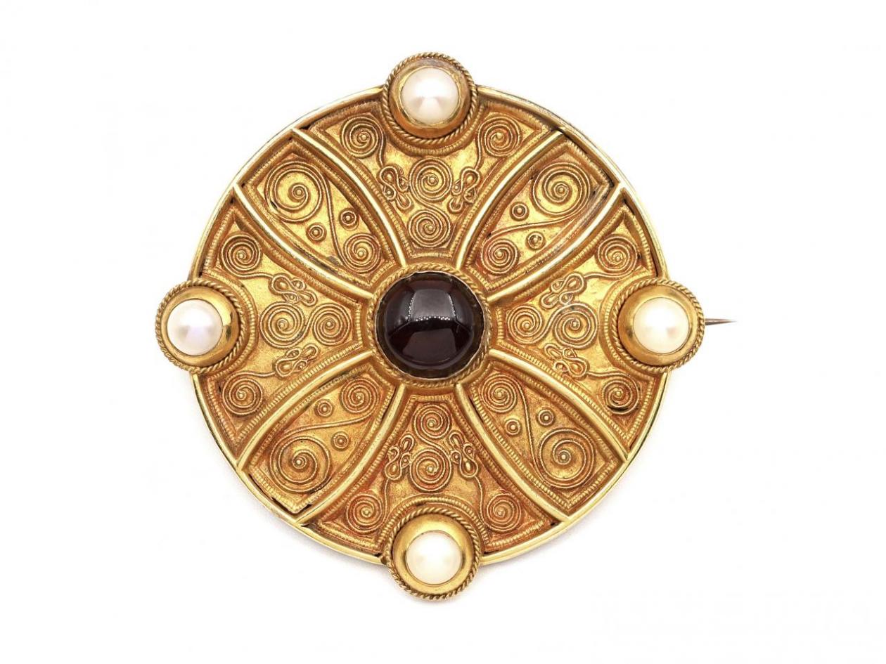 Etruscan Revival Garnet & Pearl Locket Brooch in Yellow Gold