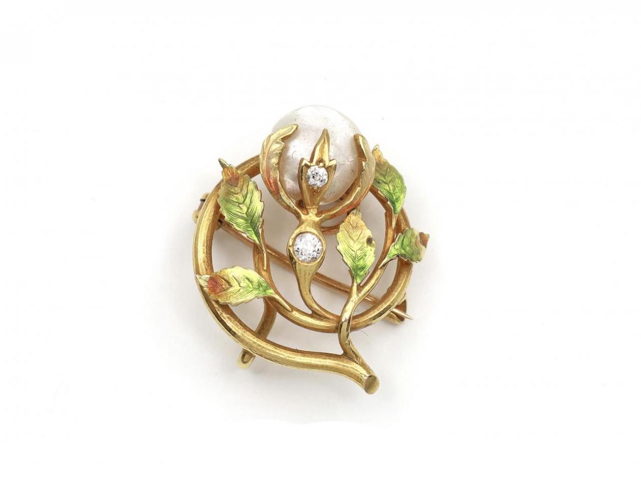 Art Nouveau diamond pearl and enamel flower brooch/pendant