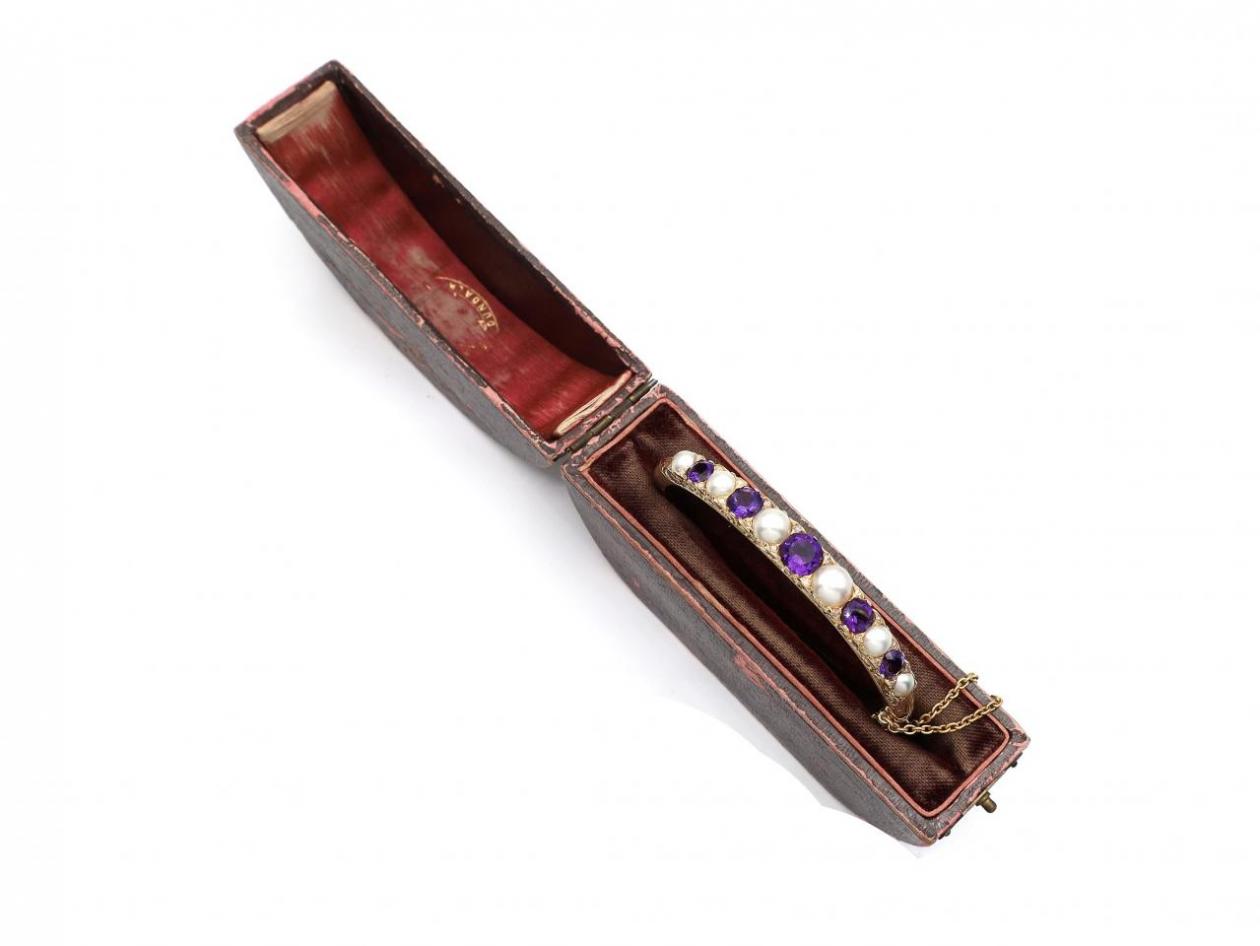 Victorian natural pearl, amethyst and diamond carved hinged bangle