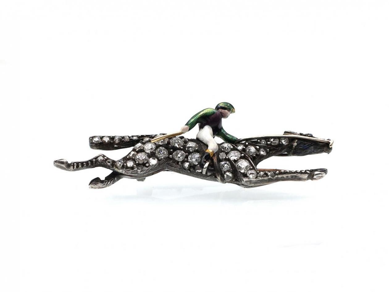 Victorian diamond and enamel horse and jockey brooch