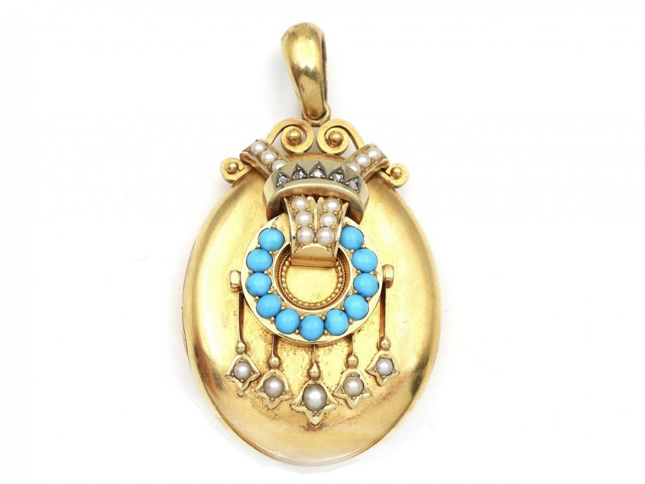 Victorian turquoise, pearl and diamond oval locket in yellow gold