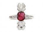 Art Deco ruby and diamond vertical three stone ring in white gold