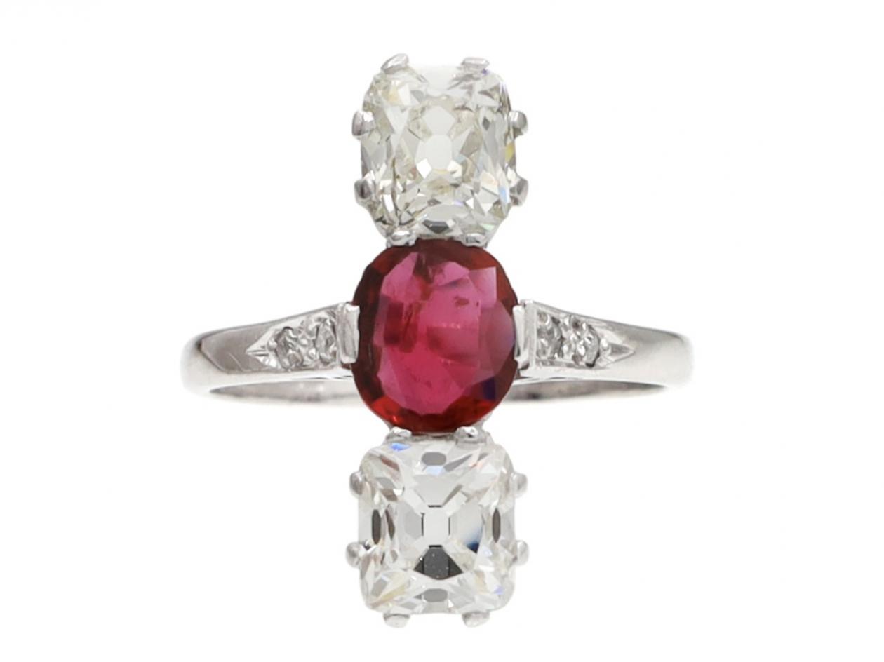 Art Deco ruby and diamond vertical three stone ring in platinum