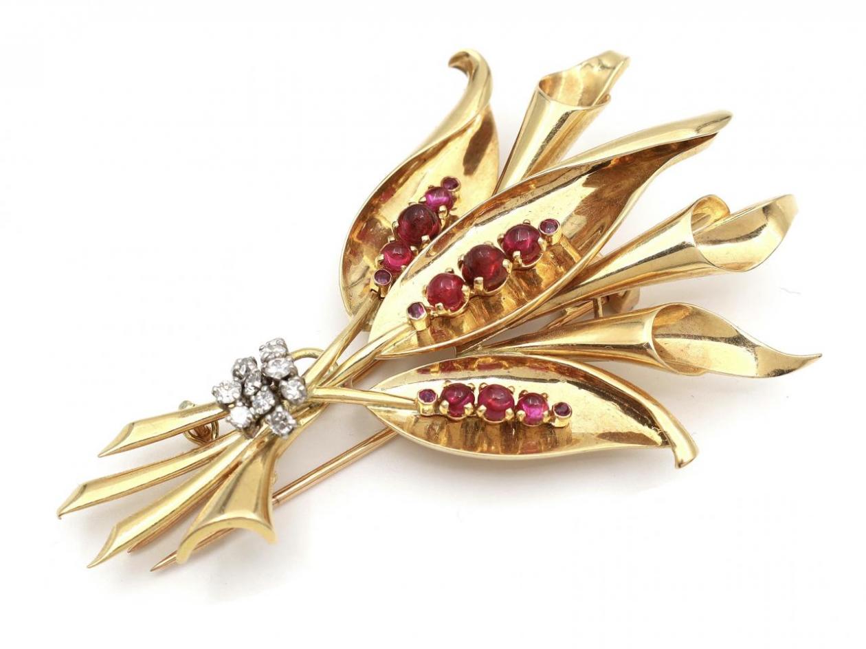1950s ruby and diamond bouquet brooch in 18kt gold