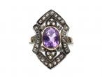 Antique amethyst and rose cut diamond shield ring in silver and gold