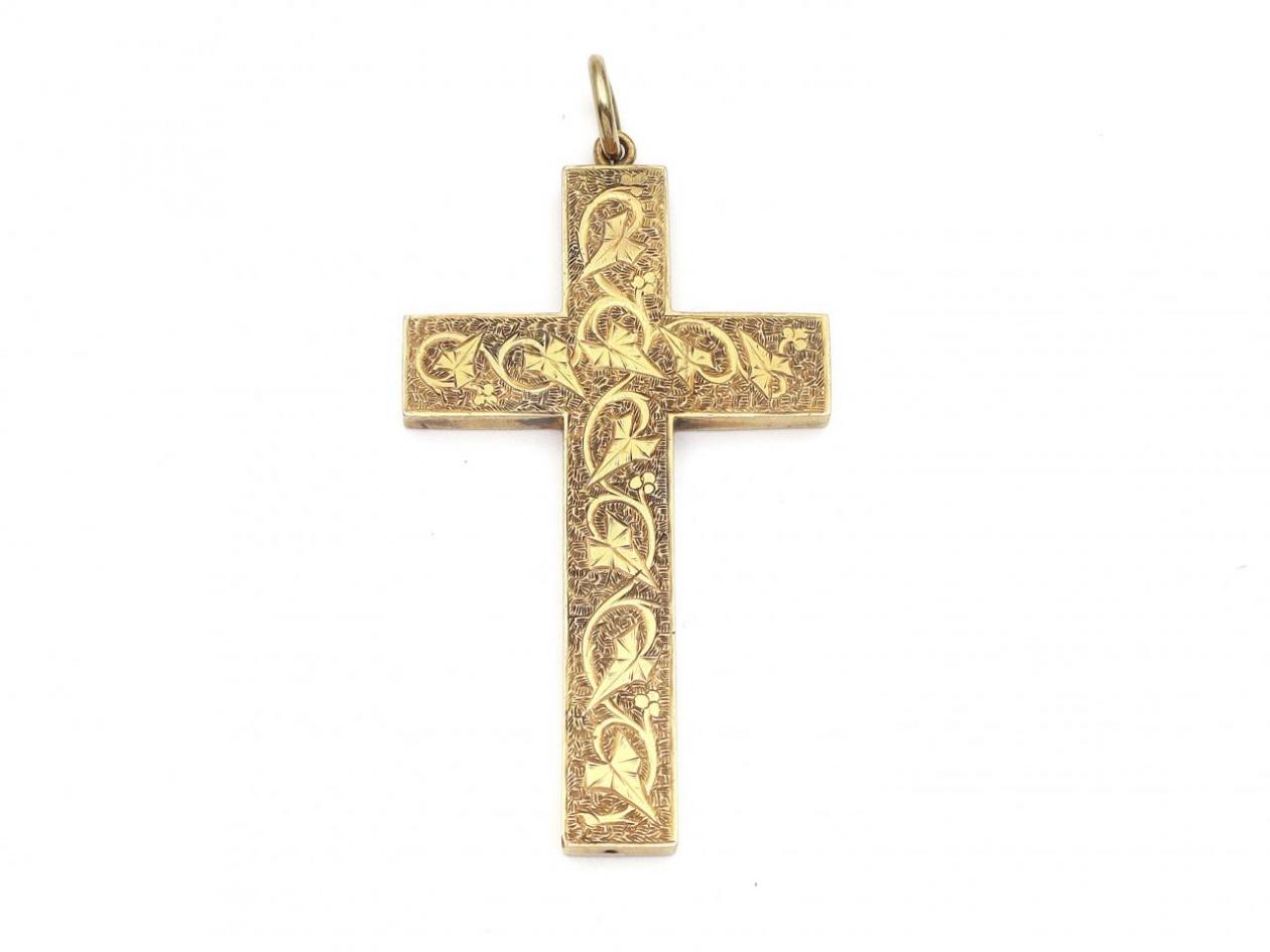 Antique large engraved hollow cross pendant in yellow gold