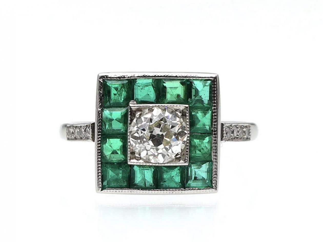 Art Deco style diamond and emerald square target ring