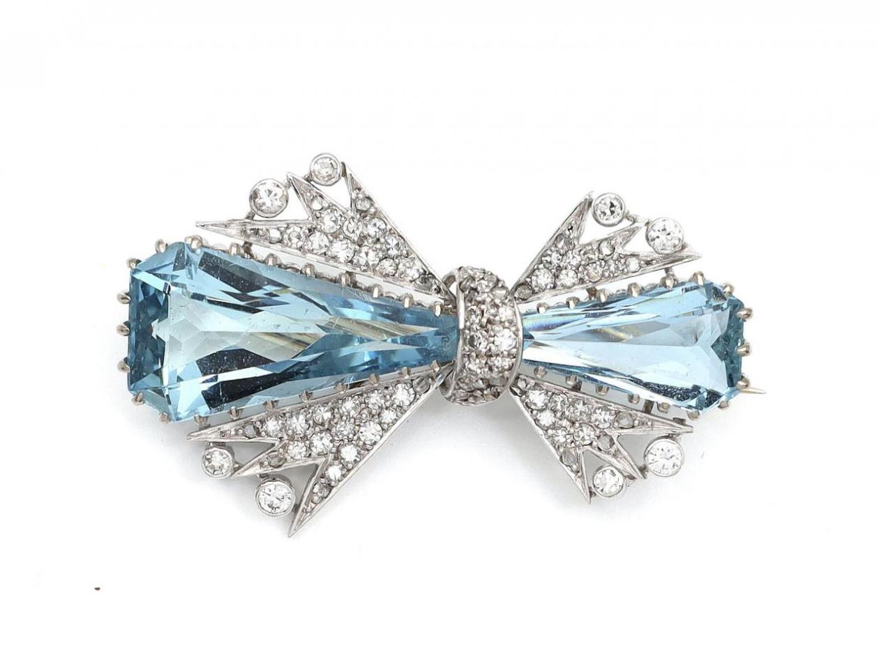 1950s Aquamarine & Diamond Bow Brooch