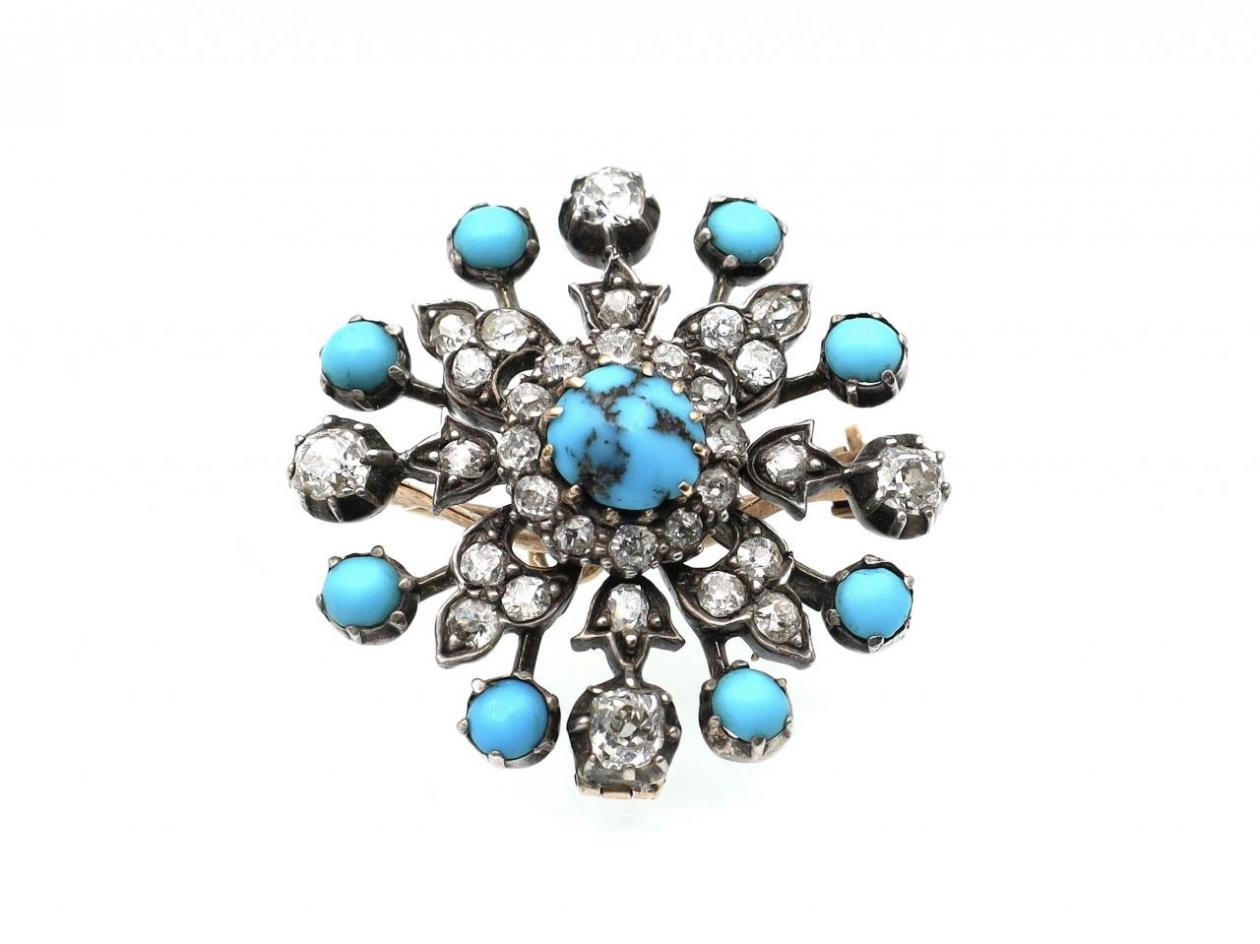 Convertible Antique Turquoise & Diamond Snowflake Brooch Pendant
