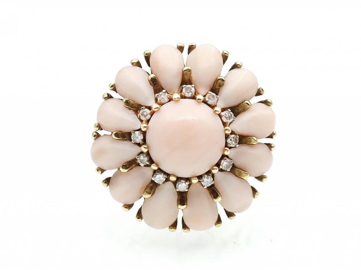 1960s angel skin coral and diamond floral cluster ring