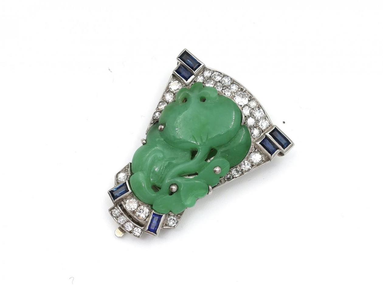 Art Deco carved jadeite, diamond and sapphire clip