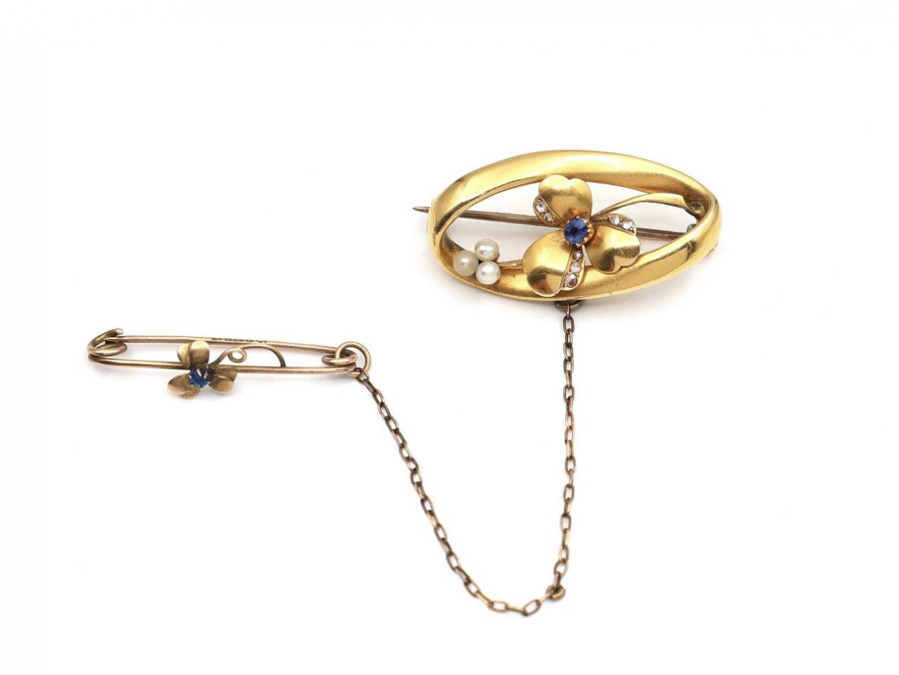 Antique sapphire and seed pearl shamrock brooch in 15kt gold