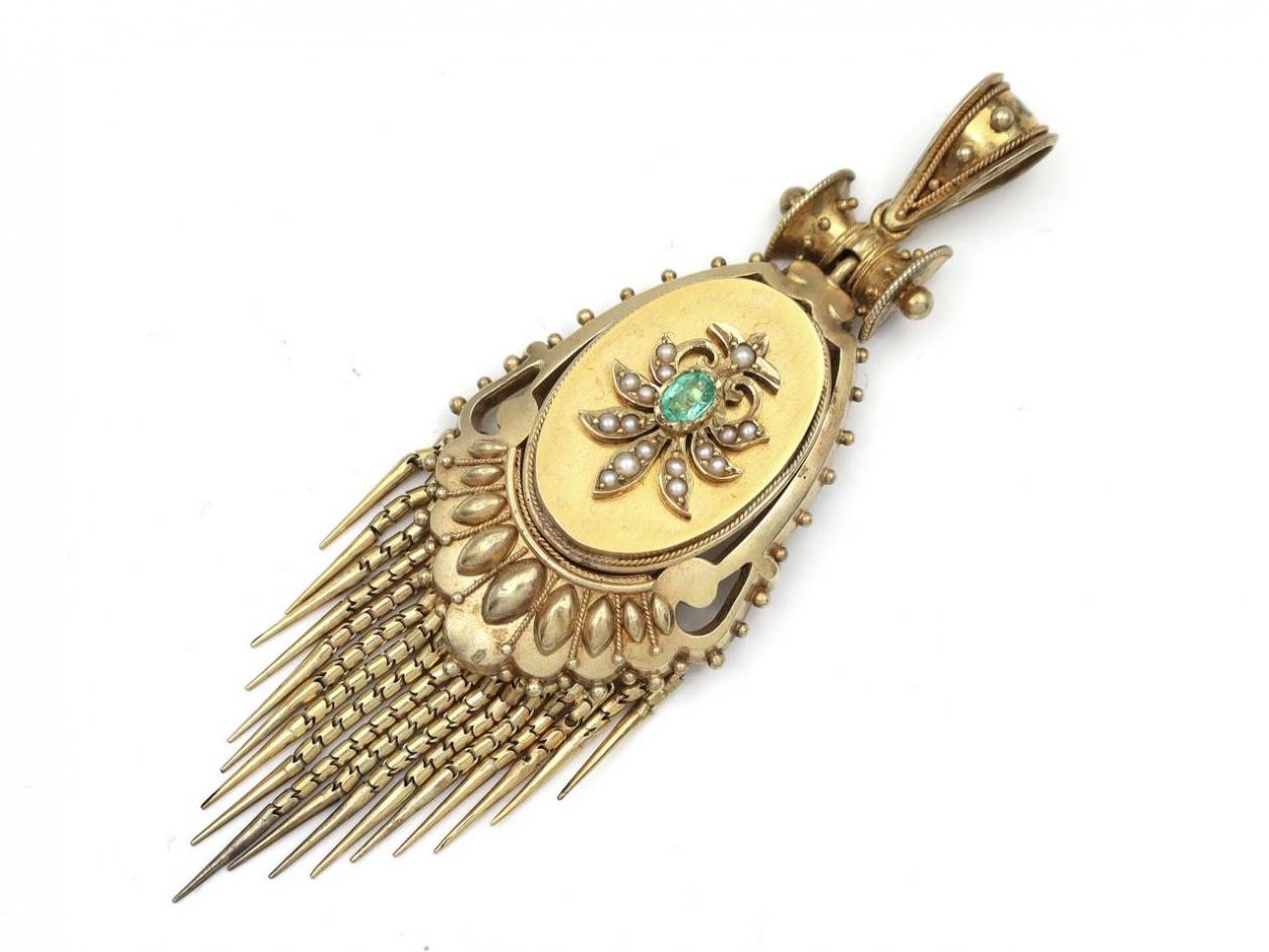 Antique emerald and seed pearl oval tassel locket in gold