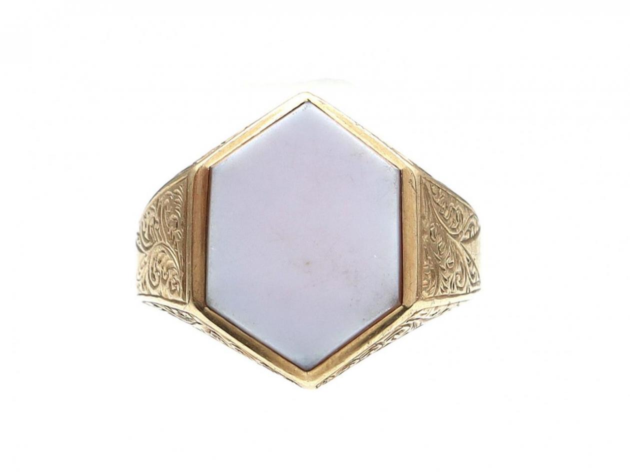 Antique hexagonal sardonyx signet ring in yellow gold