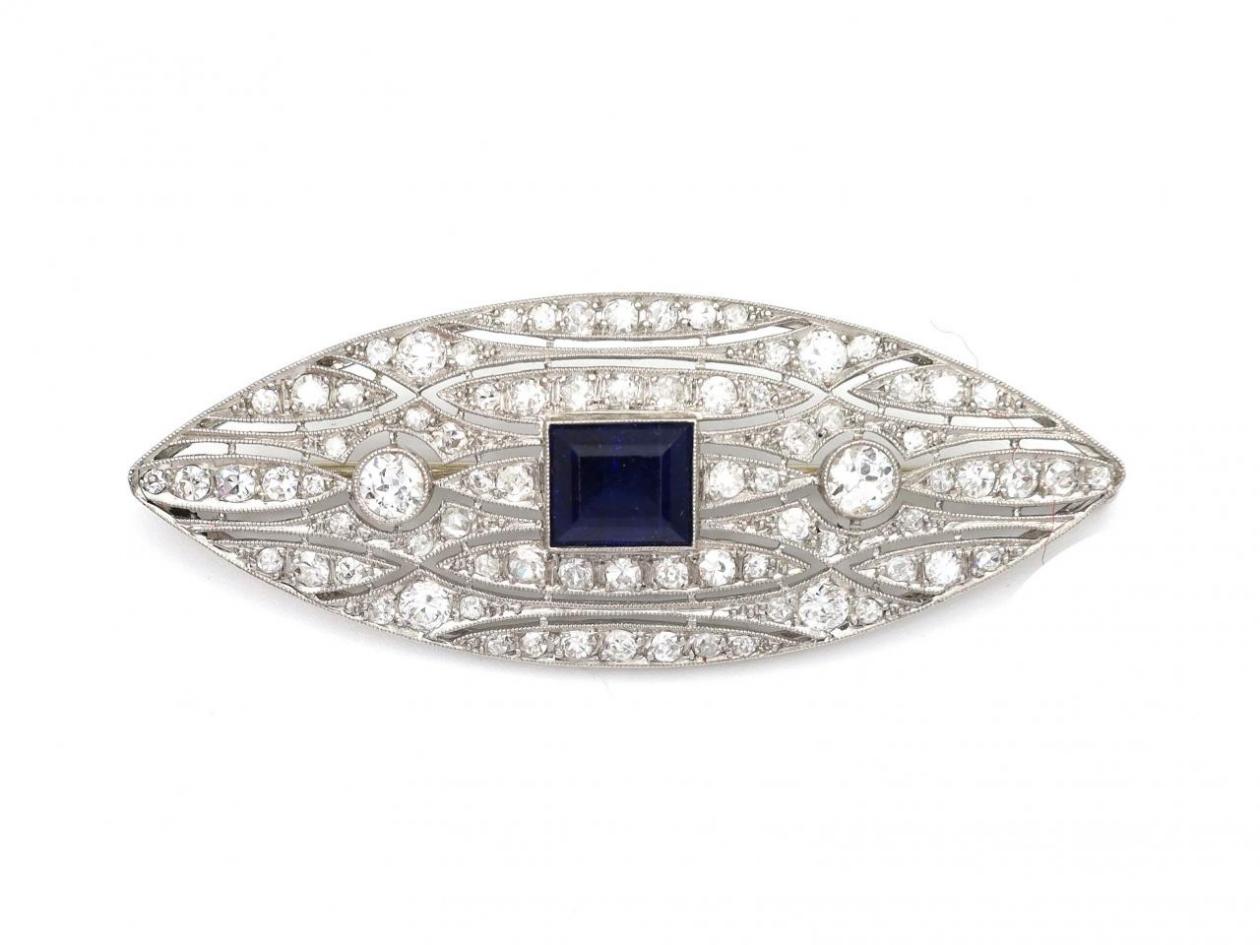 Art Deco square sapphire and diamond navette brooch