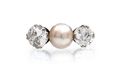 Edwardian natural pearl and diamond three stone ring