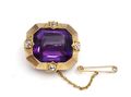 Amethyst & Old Mine Cut Diamond Brooch in Yellow Gold