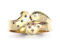 Retro 14kt yellow gold sapphire, ruby and diamond hinged bangle