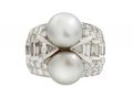 Retro double pearl and diamond cocktail ring in 18kt white gold