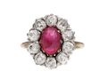 Edwardian oval Burmese cabochon and diamond cluster ring