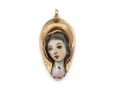 Retro fine enamel 'Holy Virgin' 18kt yellow gold pendeloque shape pendant