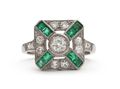Art Deco Style Diamond and Emerald Square Cluster Ring, emerald ring, art deco ring,