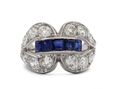 Art Deco openwork double loop ring set with sapphire and diamond