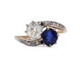 Edwardian sapphire and diamond two stone twist ring in gold