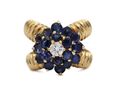 Retro diamond and sapphire crossover cluster ring in 18kt yellow gold