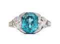 Art Deco style blue Zircon and diamond three stone ring