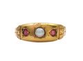 Victorian pearl and garnet three stone gypsy ring in 22kt gold