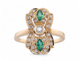 Vintage shield cluster ring set with emerald and diamonds in 18kt yellow gold