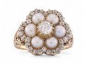 Victorian Pearl and Diamond Floral Cluster Ring In 18kt Yellow Gold