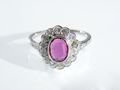 Vintage ruby and diamond floral cluster ring in 18kt white gold