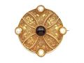 Etruscan Revival Garnet & Pearl Locket Brooch in Yellow Gold