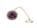 Antique Amethyst & Seed Pearl Oval Brooch in Yellow Gold