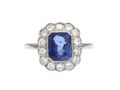 Art Deco Burmese Sapphire & Diamond Floral Cluster Ring in Platinum