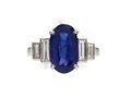 Ceylon sapphire and baguette cut diamond step ring