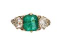 Victorian Colombian emerald and diamond three stone carved ring
