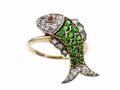 1920s Demantoid Garnet, Diamond & Ruby Flying Fish Ring in Gold