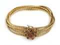 Retro Ruby Floral Cluster & Six Strand Frosted Bracelet in 18kt Gold