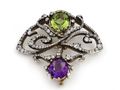 Art Nouveau Peridot, Amethyst & Diamond Brooch in Silver on Gold