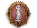 Antique Shell Cameo Brooch Pendant of Diana the Huntress in Gold