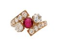 Antique Burmese Ruby & Diamond Three Stone Twist Ring in Yellow Gold