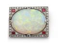 Art Deco Opal, Diamond & Ruby Rectangular Brooch