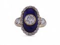 Victorian Diamond Set Oval Blue Enamel Plaque Ring In 15kt Yellow Gold