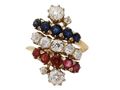 Retro Old Mine cut diamond, sapphire and ruby cluster ring in gold